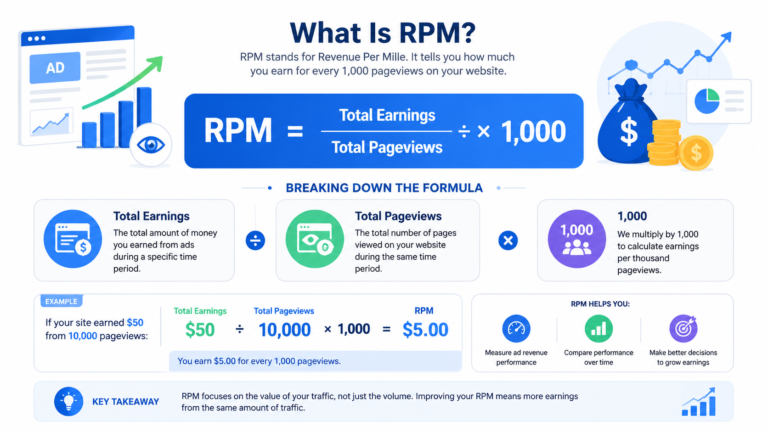 Infographic explaining the AdSense RPM formula and how Revenue Per Mille is calculated for website publishers.