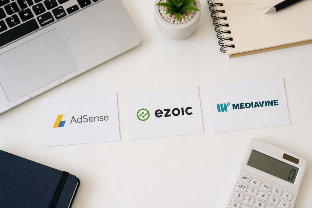 Comparison of AdSense, Ezoic, and Mediavine as display advertising networks for bloggers.