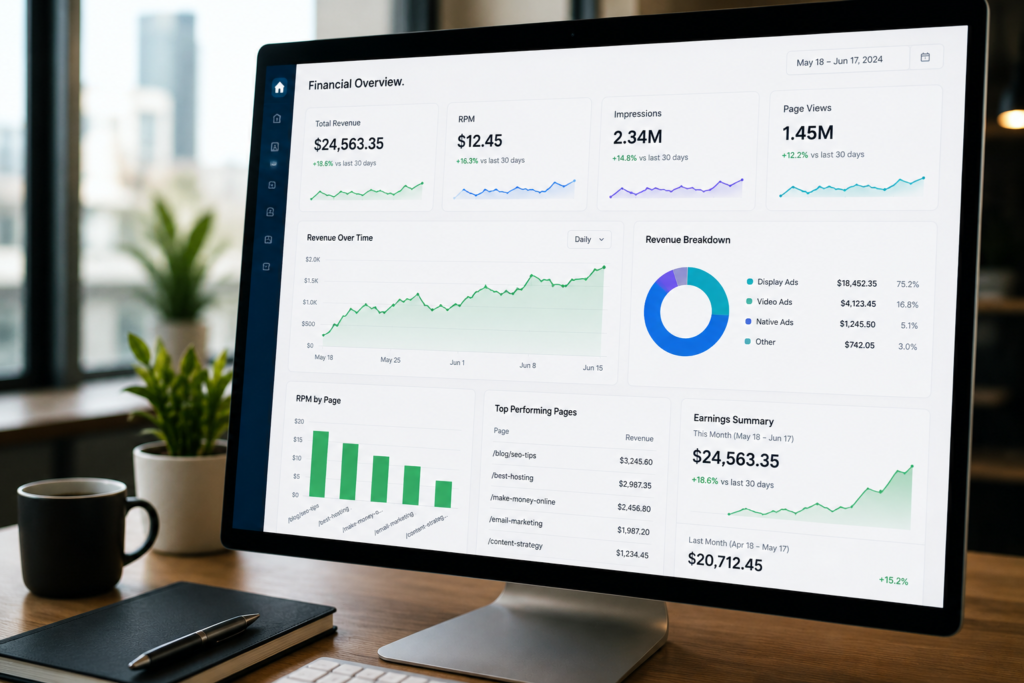 Website revenue analytics showing RPM comparison between AdSense, Ezoic, and Mediavine.