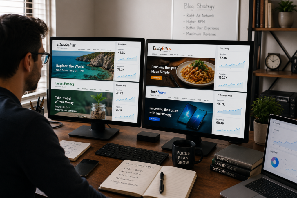 Content creator selecting the best ad network for finance, technology, travel, and lifestyle blogs.